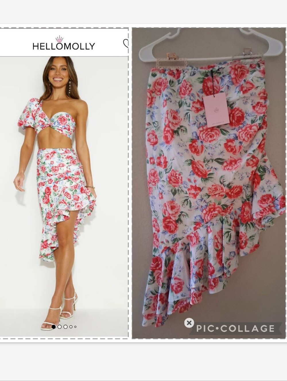 Hello Molly White Floral Asymmetrical Ruffle Midi Skirt - Pink & Coral Roses